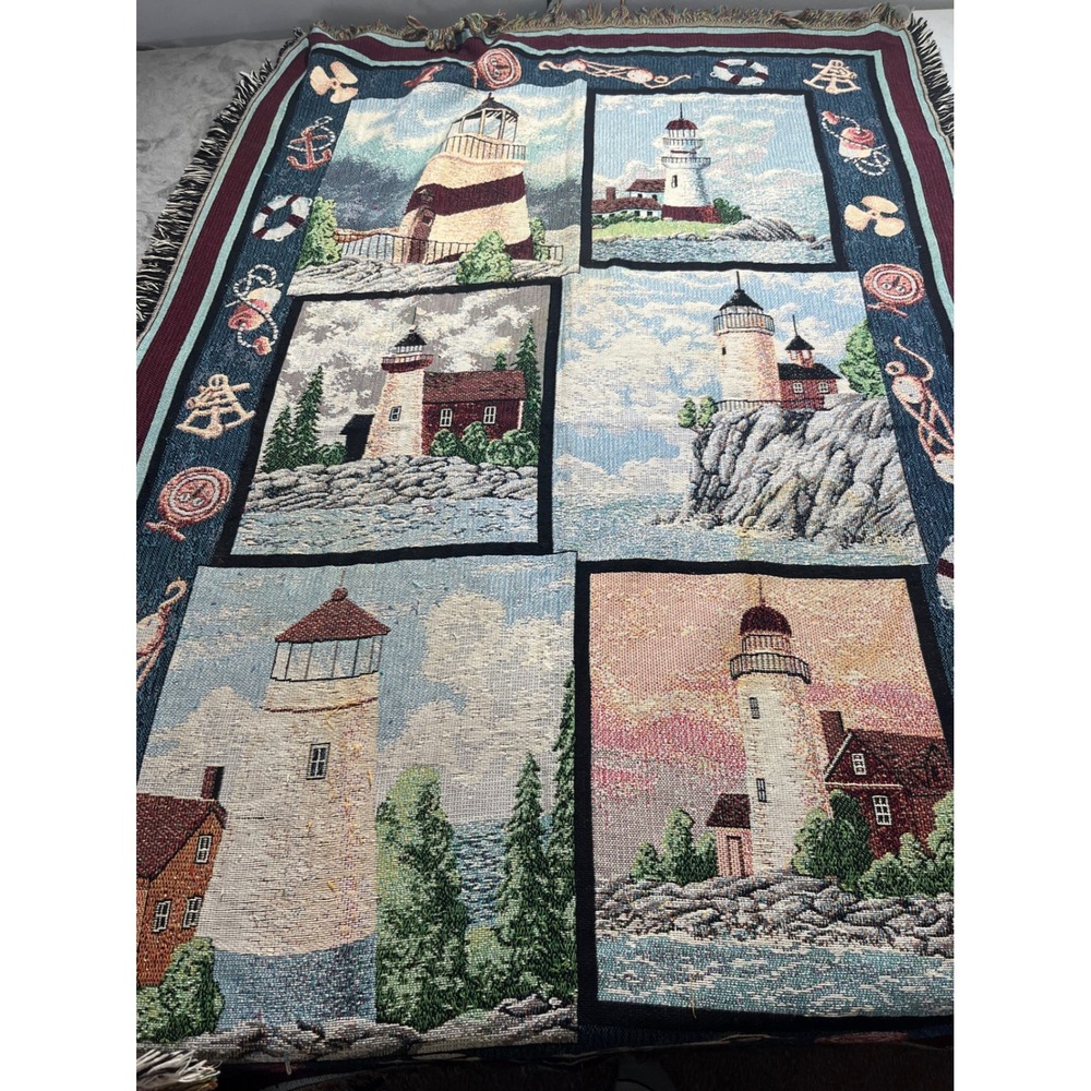 Goodwin Weavers Throw Tapestry Blanket Blue Lighthouse Nautical Woven Cotton